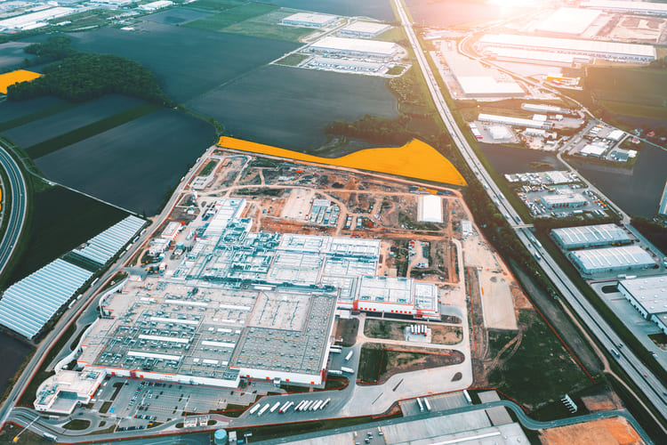 aerial view logistics park with warehouse