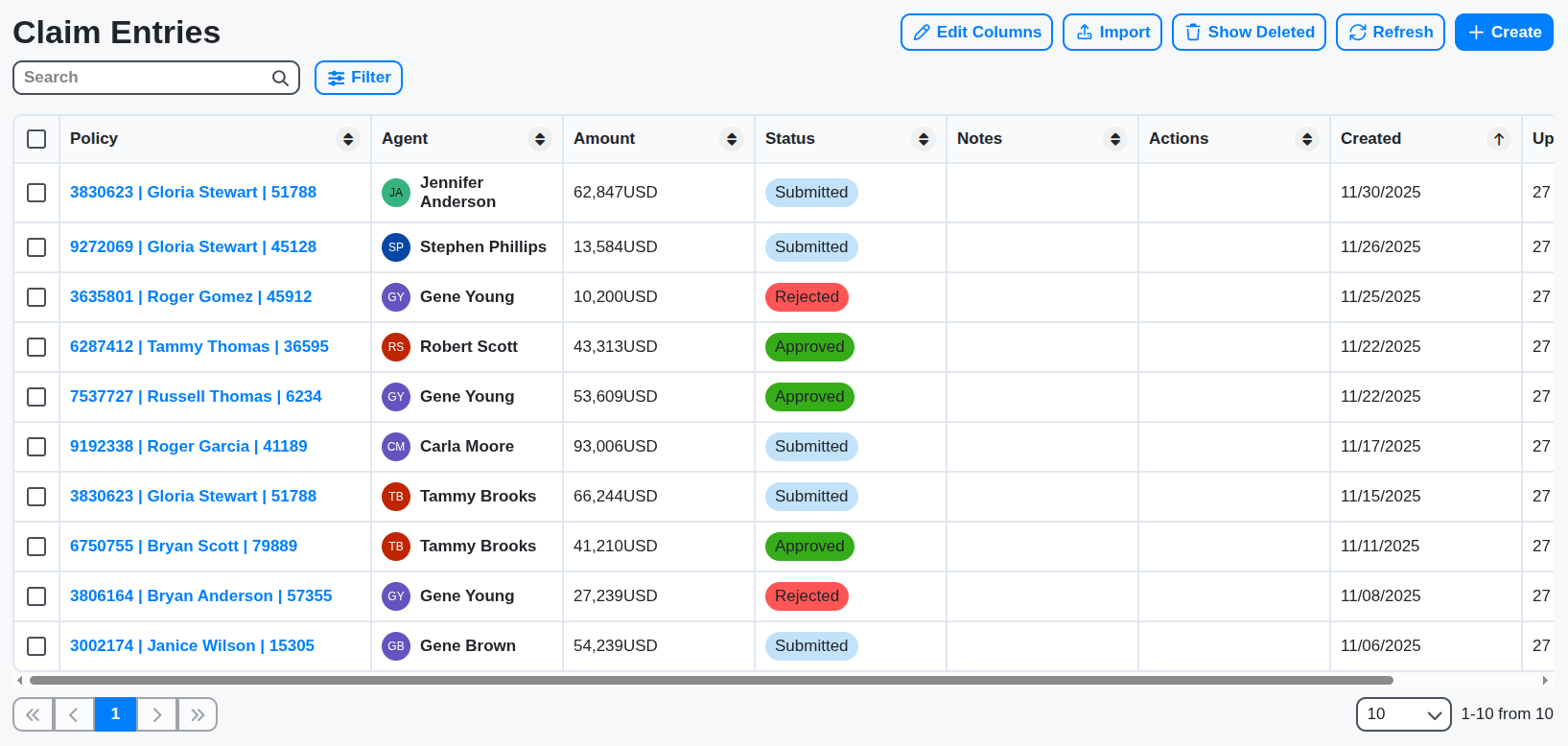insurance claims table screenshot