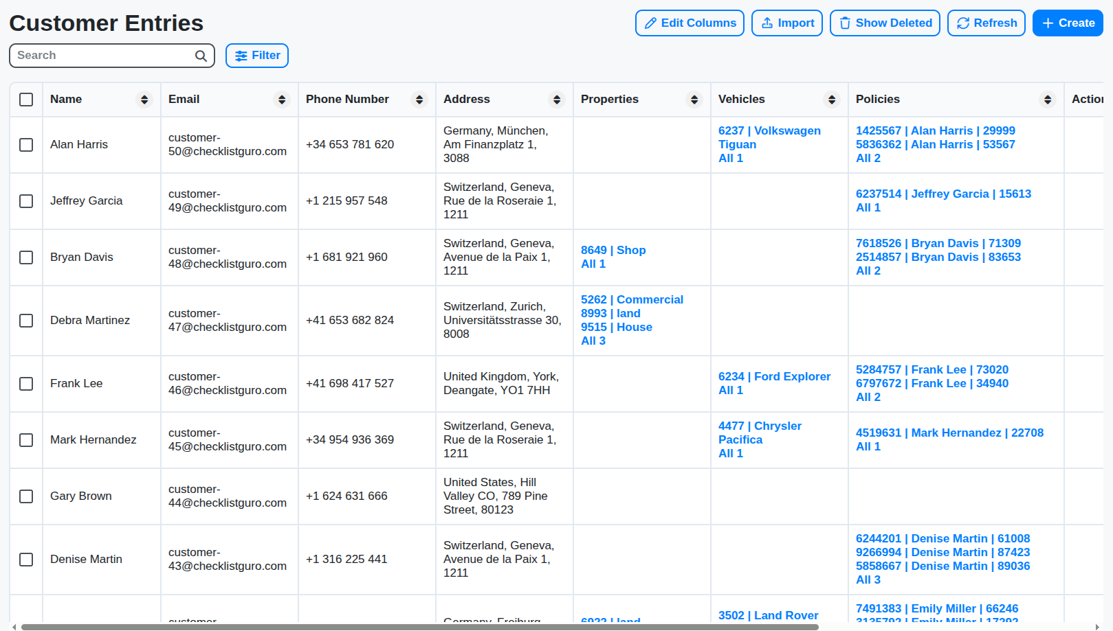 insurance customers table screenshot