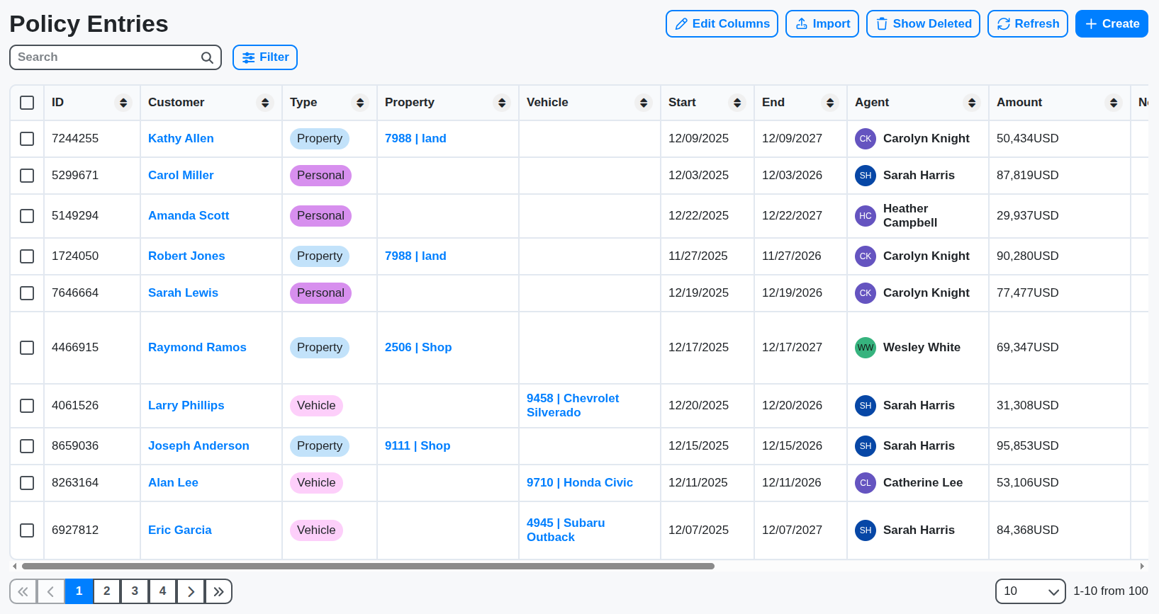 insurance policies table screenshot