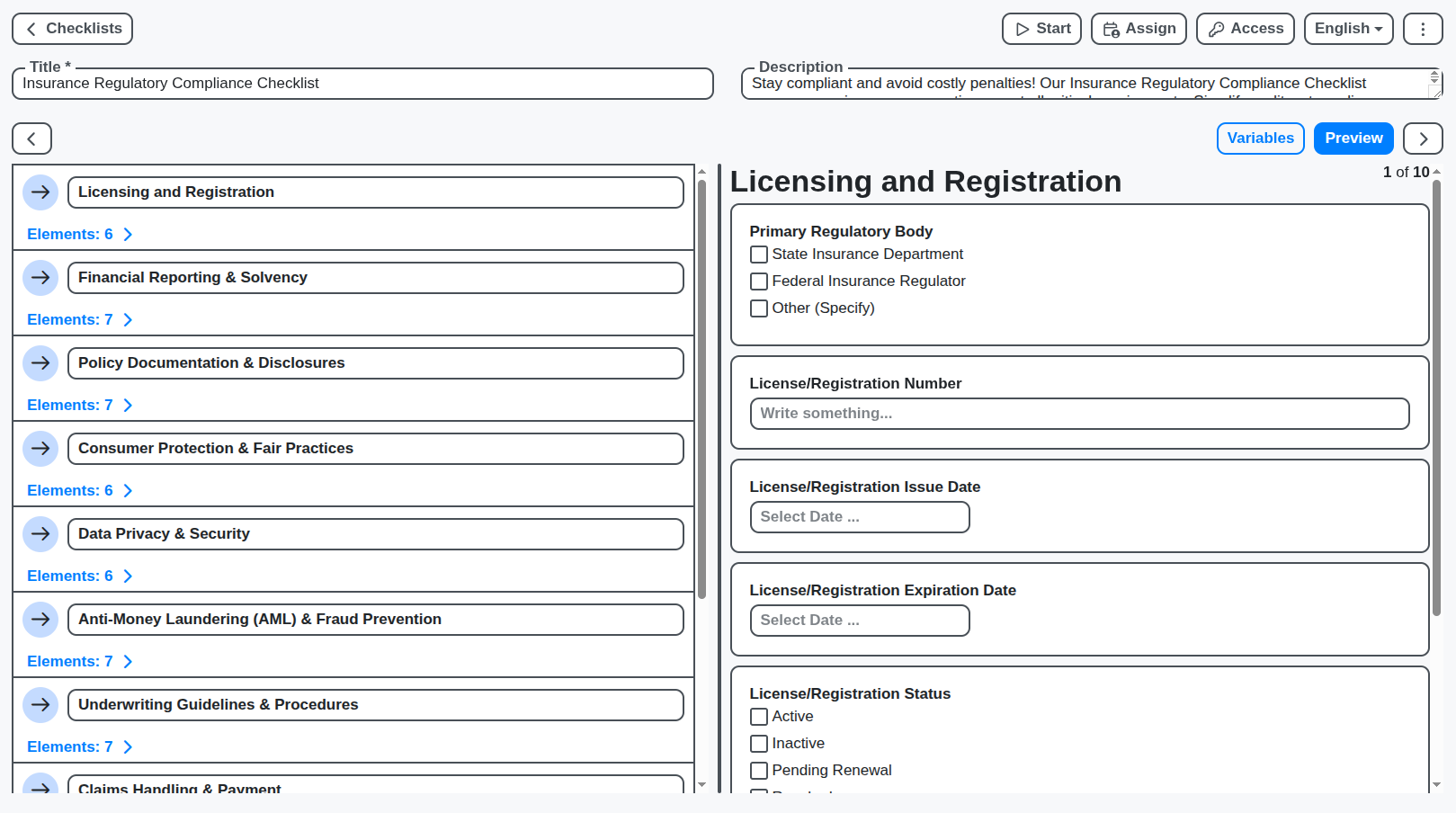 insurance regulatory compliance checklist screenshot