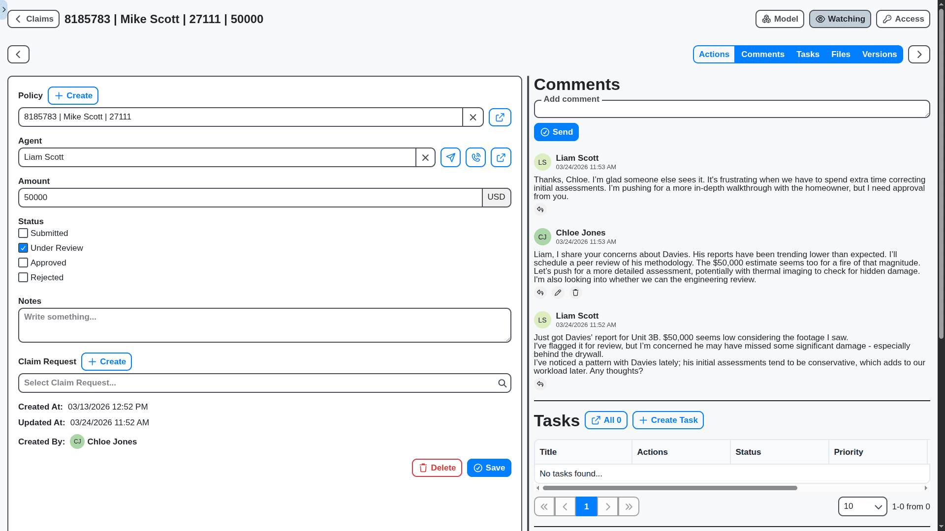 insurance management - policy claim detail page with comments